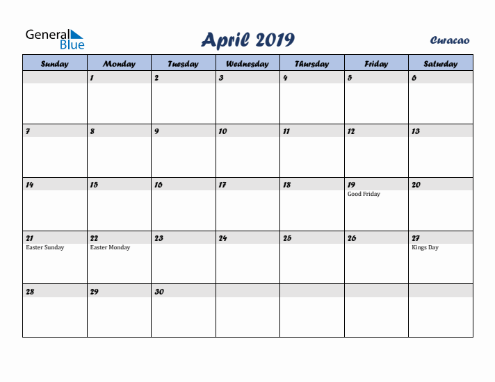 April 2019 Calendar with Holidays in Curacao