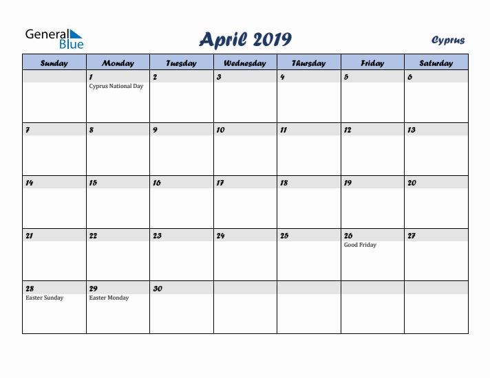 April 2019 Calendar with Holidays in Cyprus