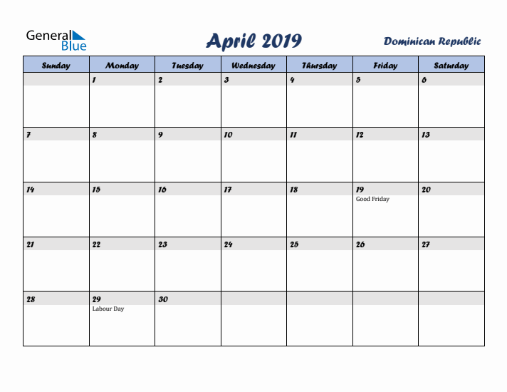 April 2019 Calendar with Holidays in Dominican Republic