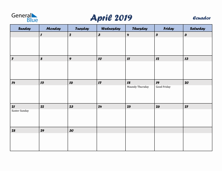 April 2019 Calendar with Holidays in Ecuador