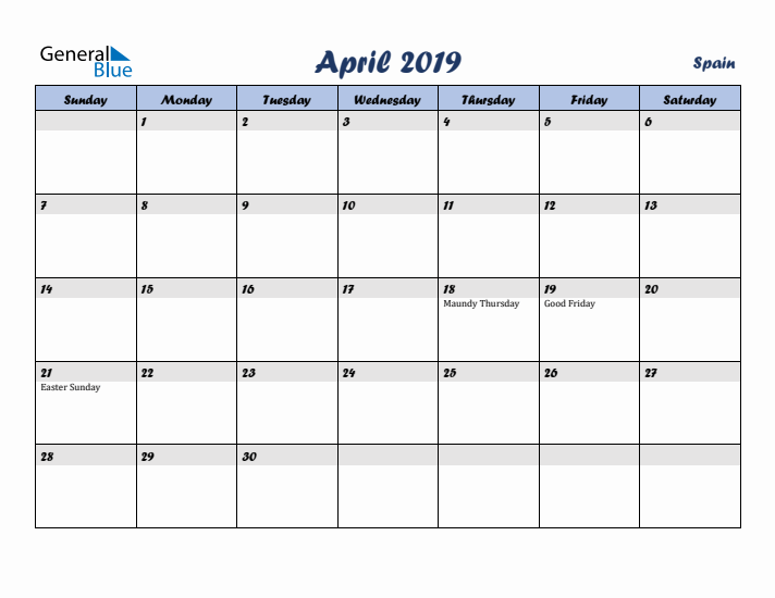 April 2019 Calendar with Holidays in Spain