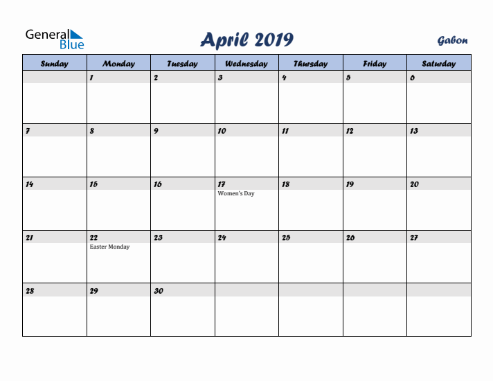 April 2019 Calendar with Holidays in Gabon