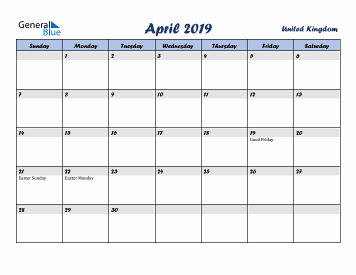 April 2019 Calendar with Holidays in United Kingdom