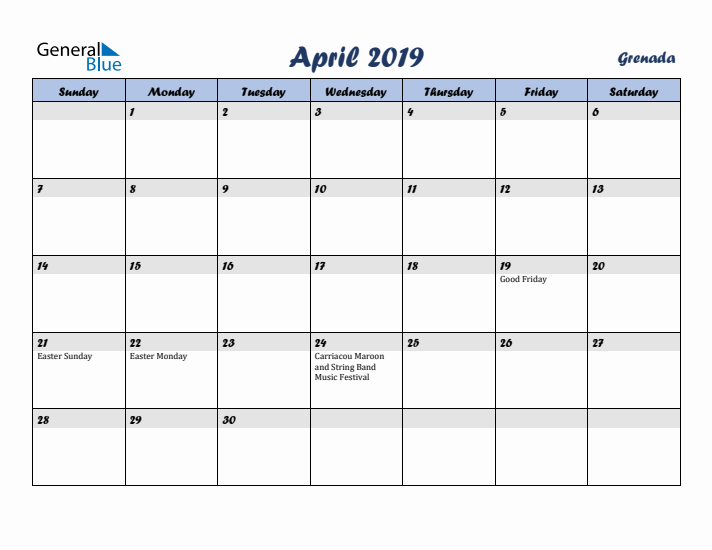 April 2019 Calendar with Holidays in Grenada