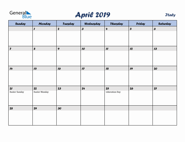 April 2019 Calendar with Holidays in Italy