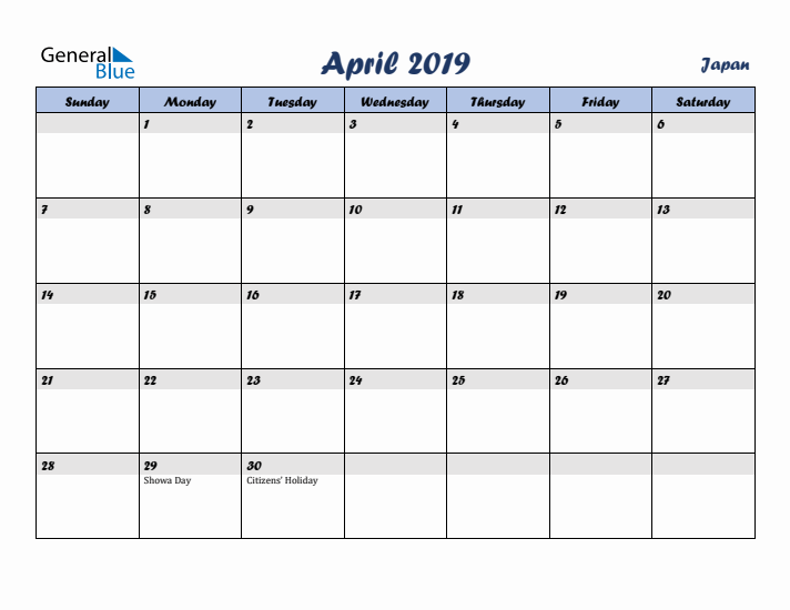 April 2019 Calendar with Holidays in Japan