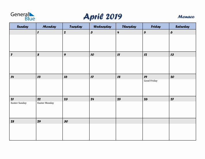 April 2019 Calendar with Holidays in Monaco