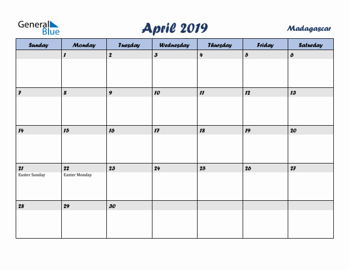 April 2019 Calendar with Holidays in Madagascar