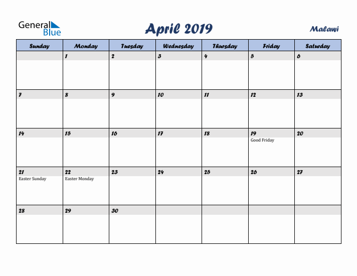 April 2019 Calendar with Holidays in Malawi