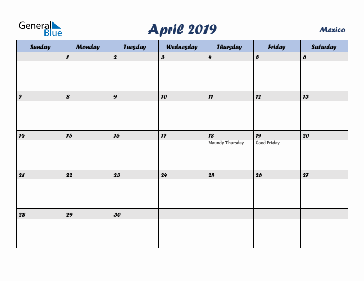 April 2019 Calendar with Holidays in Mexico