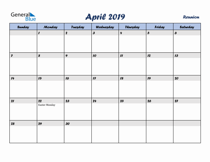 April 2019 Calendar with Holidays in Reunion