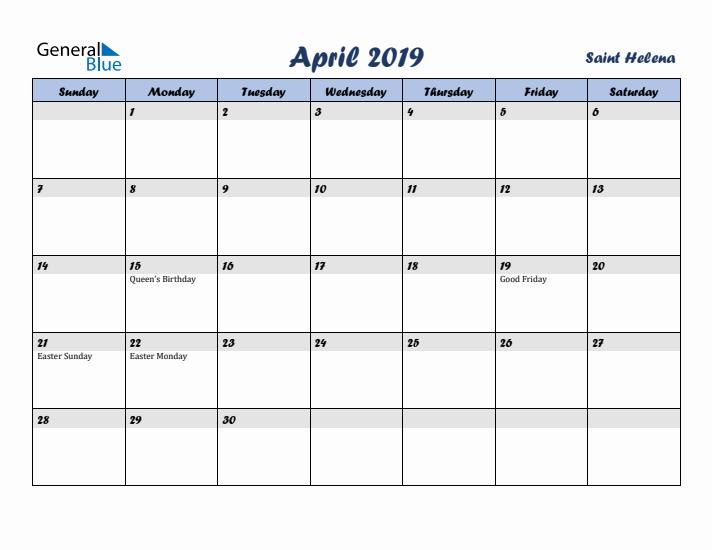 April 2019 Calendar with Holidays in Saint Helena