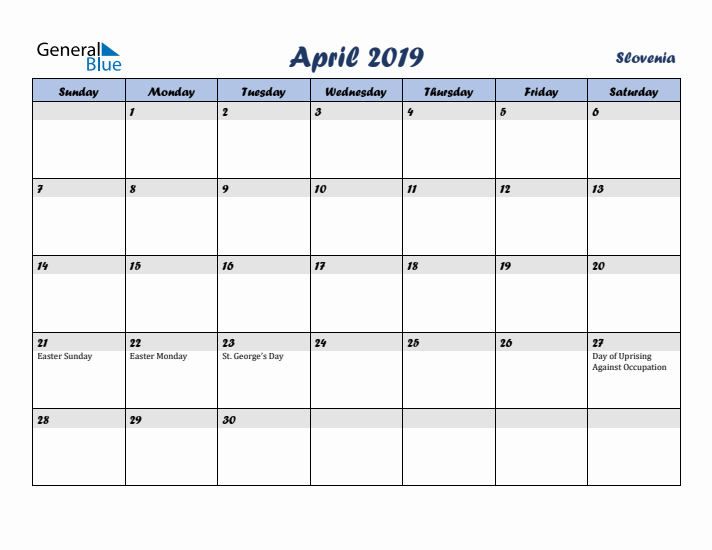 April 2019 Calendar with Holidays in Slovenia