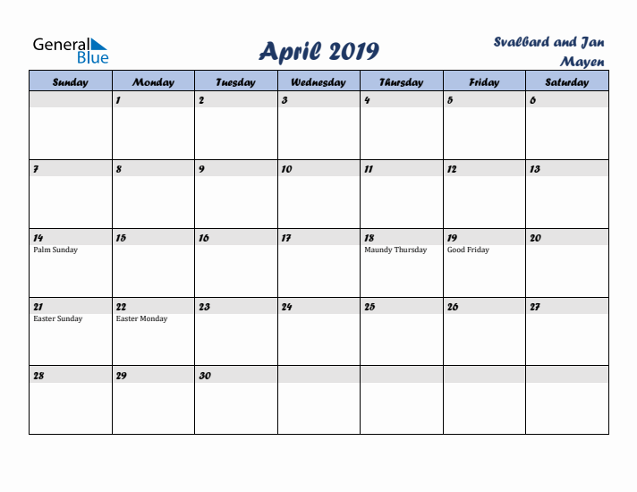 April 2019 Calendar with Holidays in Svalbard and Jan Mayen