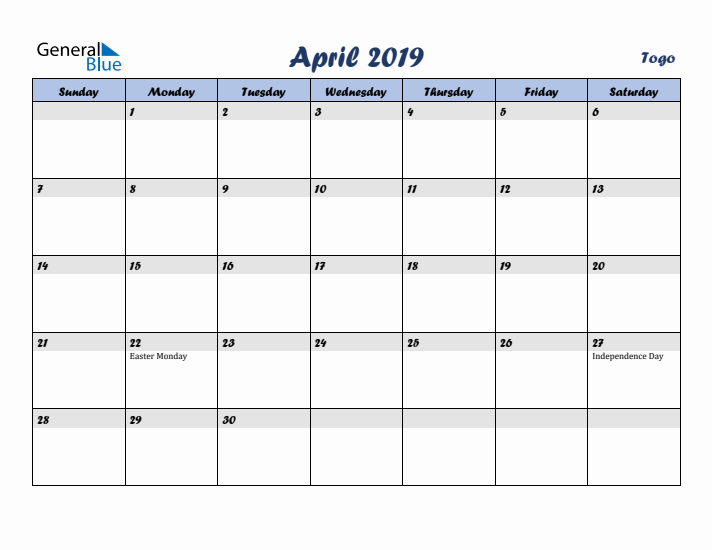 April 2019 Calendar with Holidays in Togo