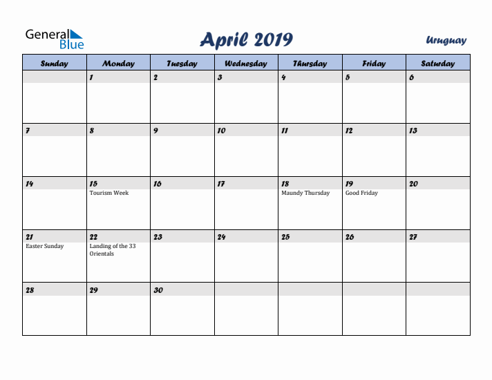 April 2019 Calendar with Holidays in Uruguay