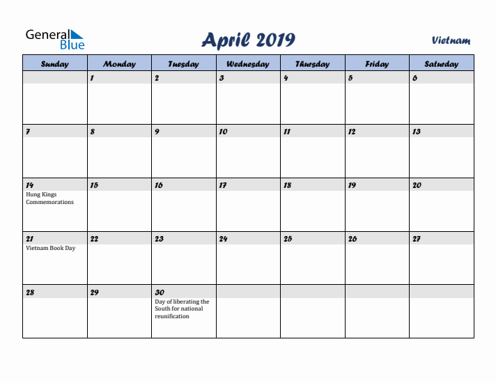 April 2019 Calendar with Holidays in Vietnam