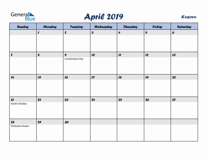 April 2019 Calendar with Holidays in Kosovo