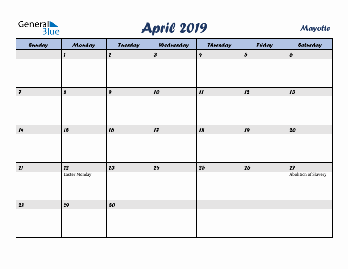 April 2019 Calendar with Holidays in Mayotte