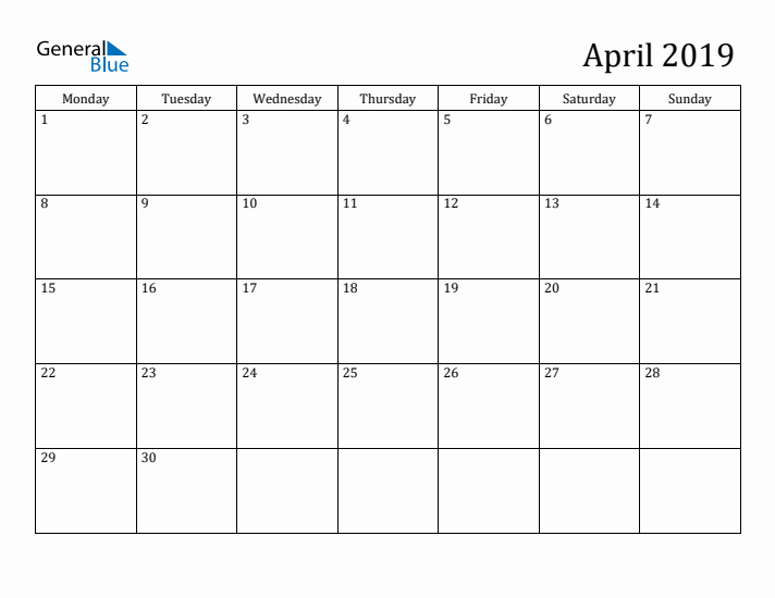 April 2019 Calendar