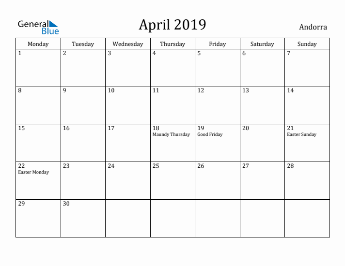 April 2019 Calendar Andorra