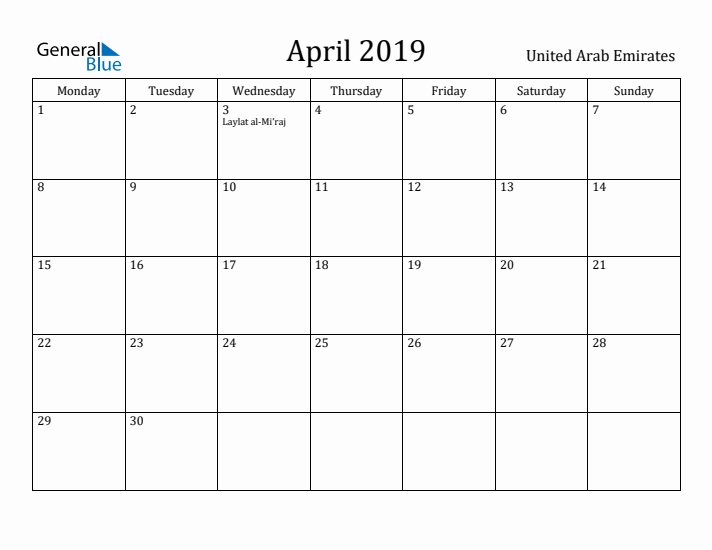 April 2019 Calendar United Arab Emirates