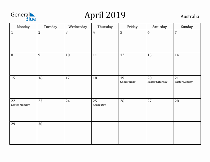 April 2019 Calendar Australia