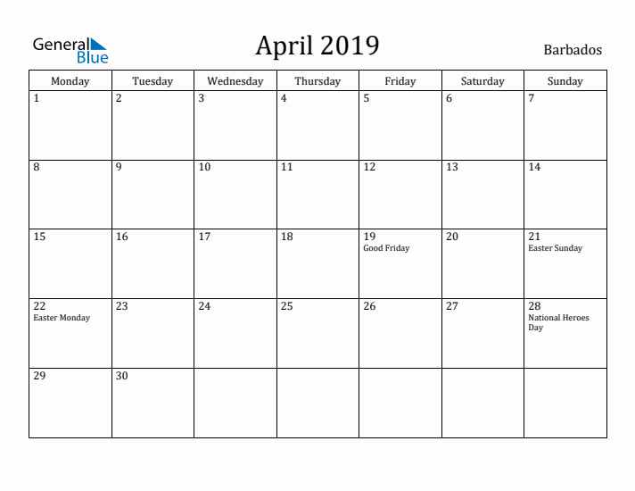 April 2019 Calendar Barbados