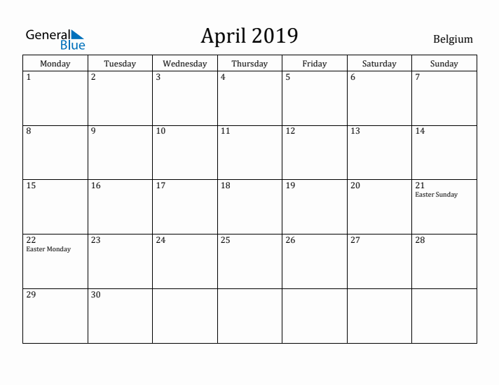 April 2019 Calendar Belgium