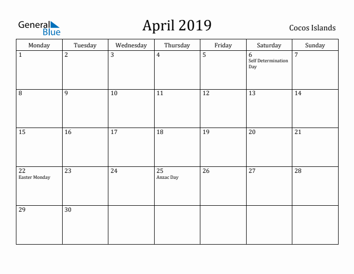 April 2019 Calendar Cocos Islands