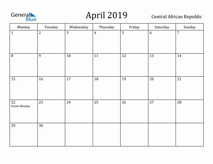 April 2019 Calendar Central African Republic