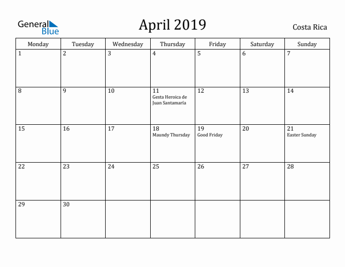 April 2019 Calendar Costa Rica