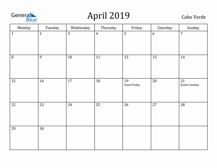 April 2019 Calendar Cabo Verde