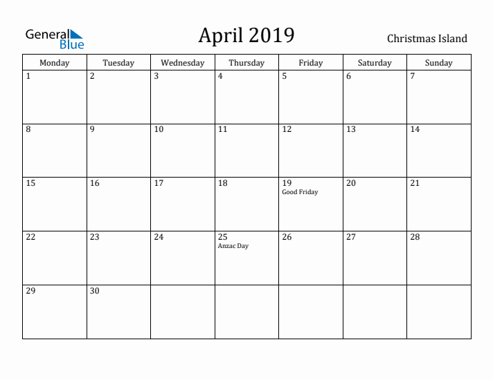 April 2019 Calendar Christmas Island