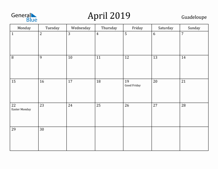 April 2019 Calendar Guadeloupe