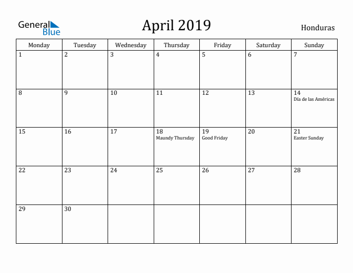 April 2019 Calendar Honduras