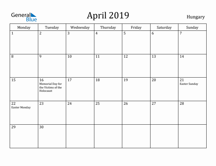 April 2019 Calendar Hungary