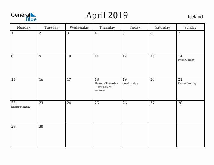 April 2019 Calendar Iceland