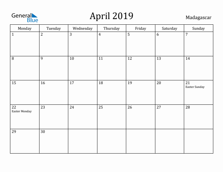 April 2019 Calendar Madagascar