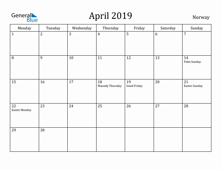 April 2019 Calendar Norway