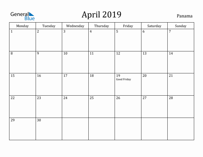 April 2019 Calendar Panama