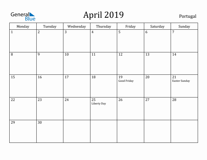 April 2019 Calendar Portugal