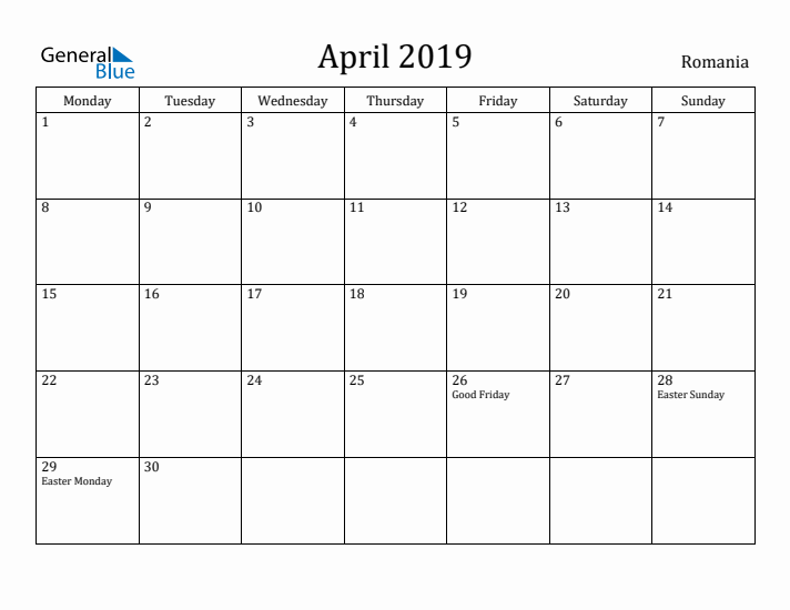 April 2019 Calendar Romania