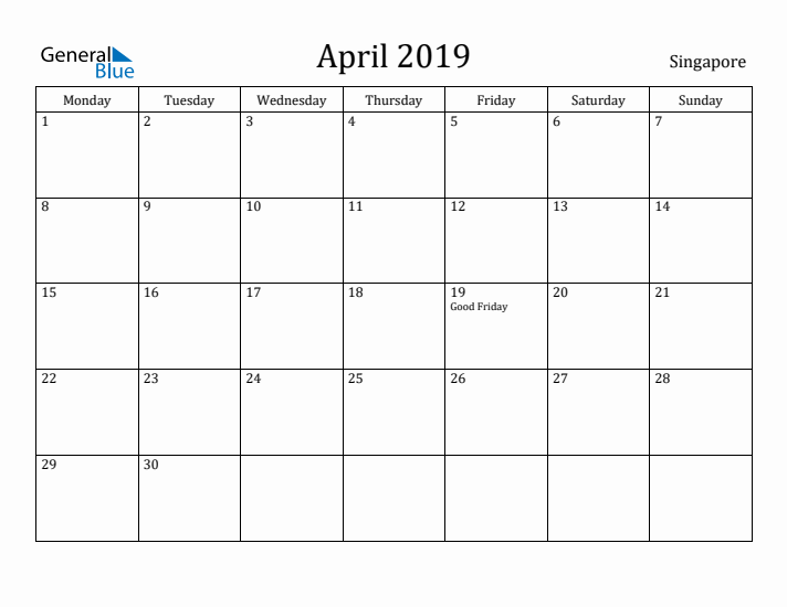 April 2019 Calendar Singapore