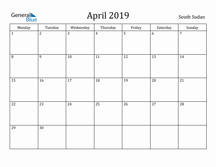 April 2019 Calendar South Sudan