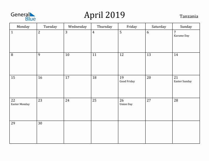 April 2019 Calendar Tanzania