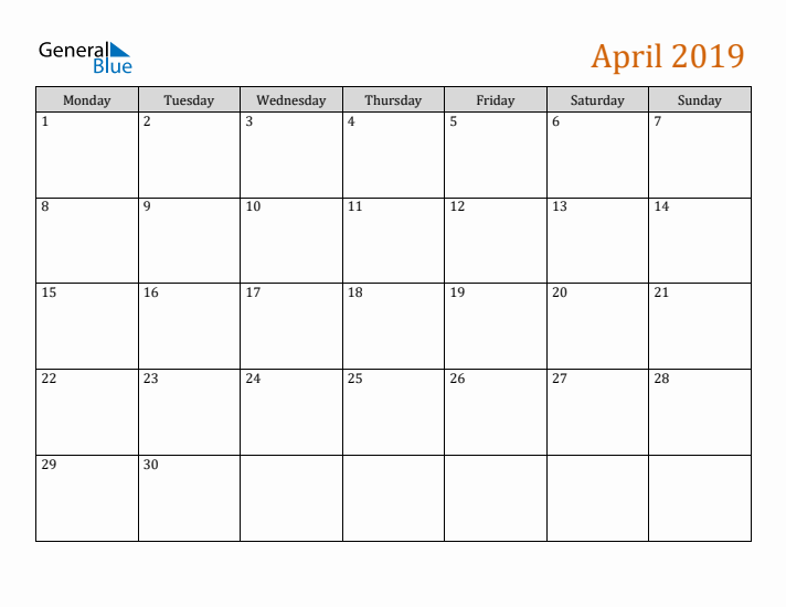 Editable April 2019 Calendar