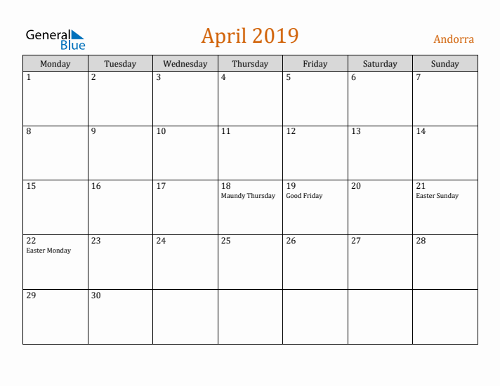 April 2019 Holiday Calendar with Monday Start