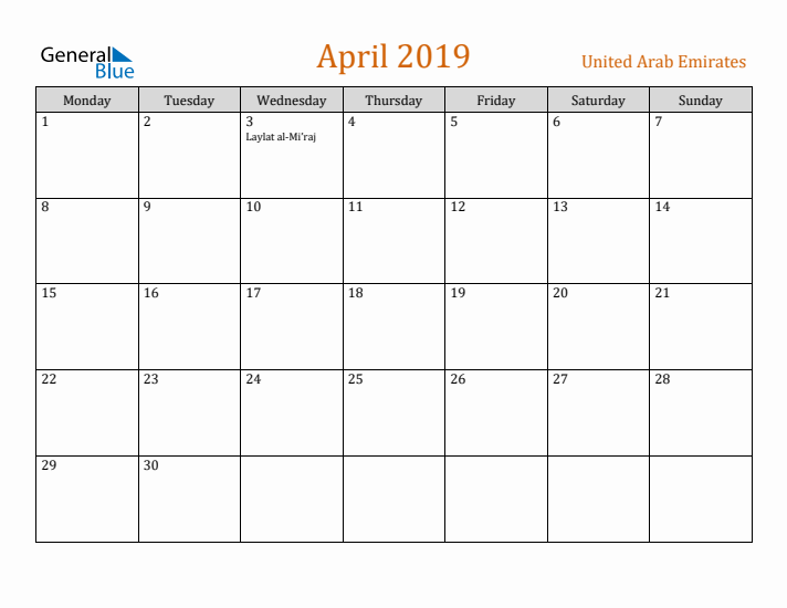 April 2019 Holiday Calendar with Monday Start