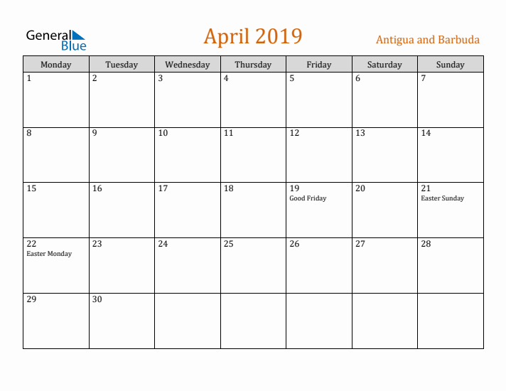 April 2019 Holiday Calendar with Monday Start